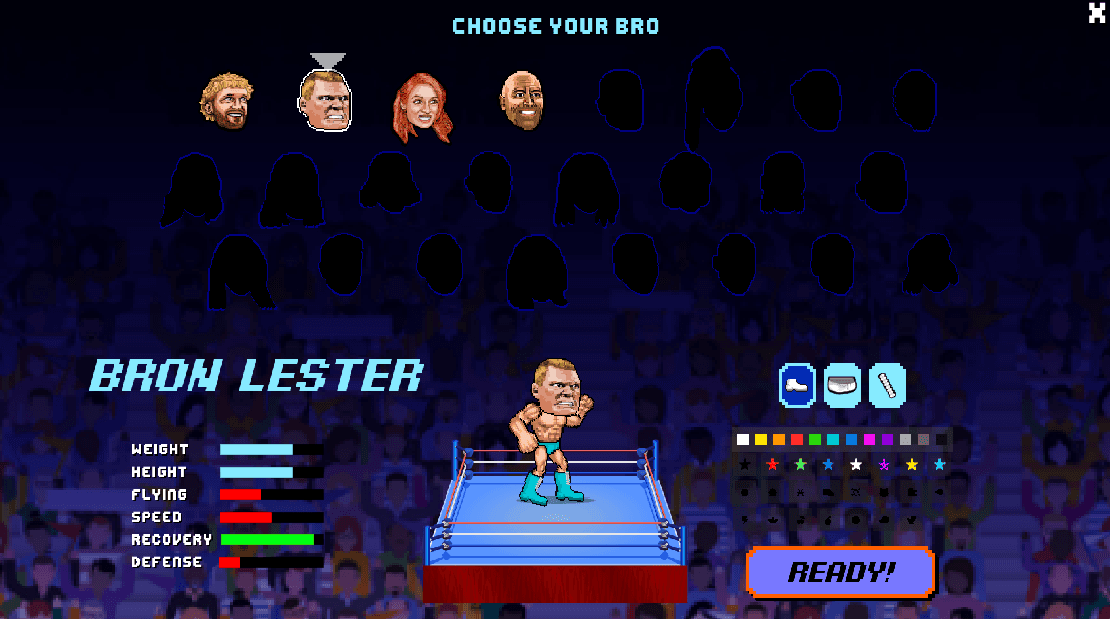 Wrestle Bros character select and match start screen